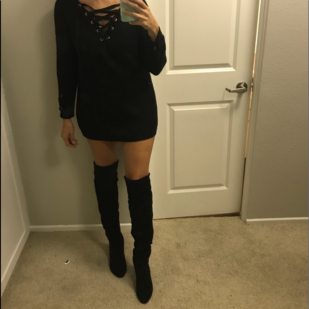 CLEARANCE Black Over Knee boot Vegan Suede Velvet Tie Lined Heel Soft Boots - Picture 3 of 6